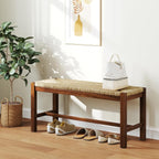 Woven Seagrass Dining Bench, Farmhouse Entryway Bench with Rubber Wood Legs, 40 Inch