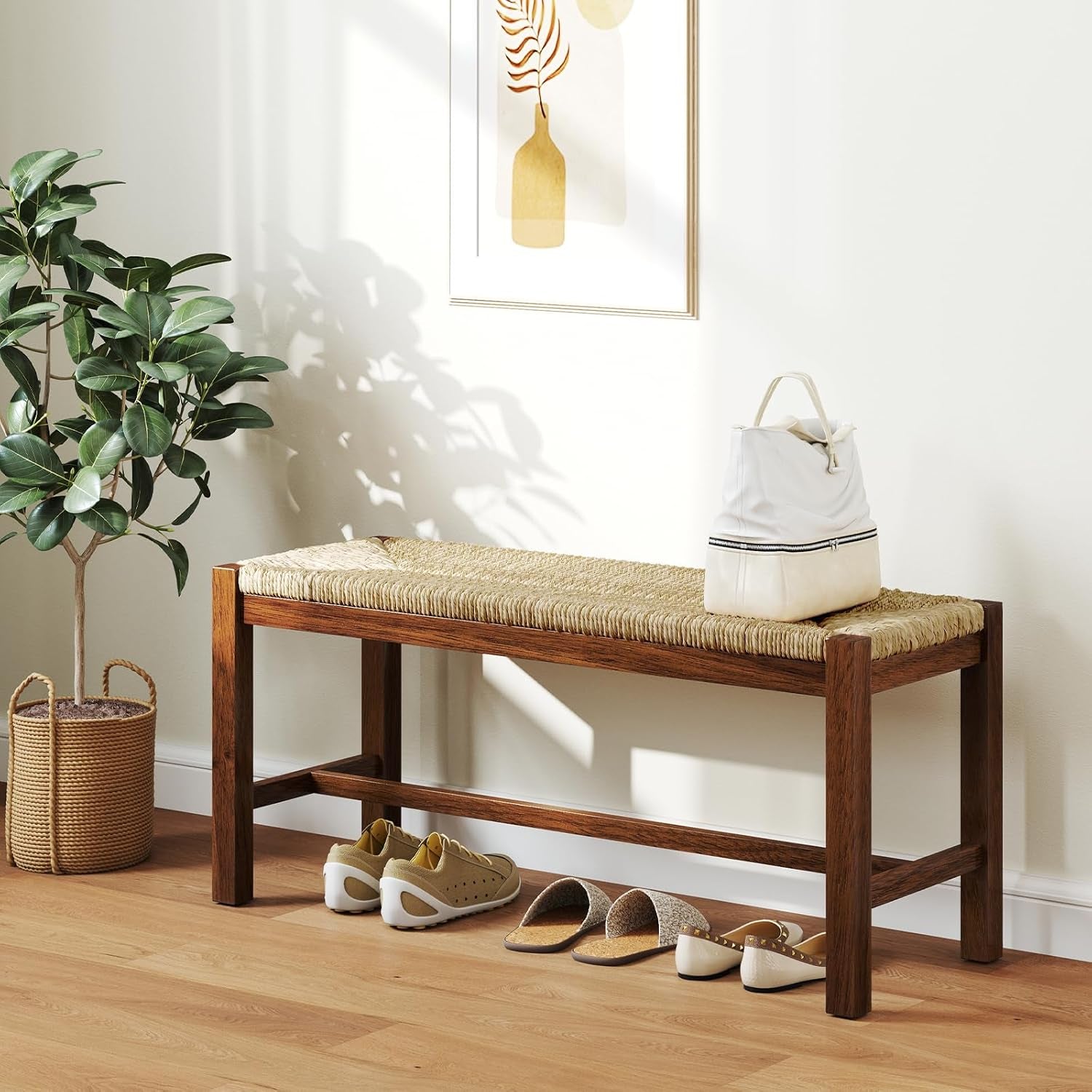 Woven Seagrass Dining Bench, Farmhouse Entryway Bench with Rubber Wood Legs, 40 Inch