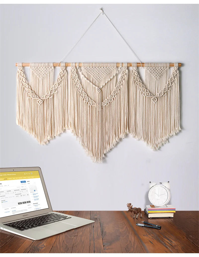 Handwoven Large Boho Macrame Wall Hanging Tapestry, Cotton Wall Art with Wooden Rod for Living Room, Bedroom, Wedding Backdrop, Beige