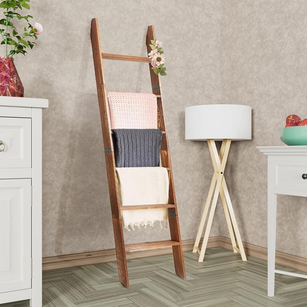 Wooden Blanket Ladder 6-Tier, Rustic Farmhouse Quilt Rack, 68 Inch Tall Decorative Blanket Holder