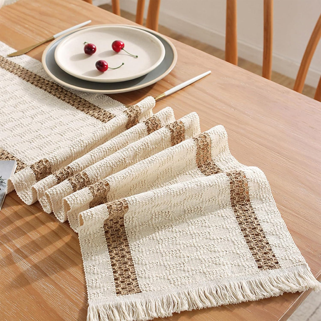 Boho Macrame Table Runner, Cotton Linen Woven Farmhouse Table Decor, 12X90 Inches