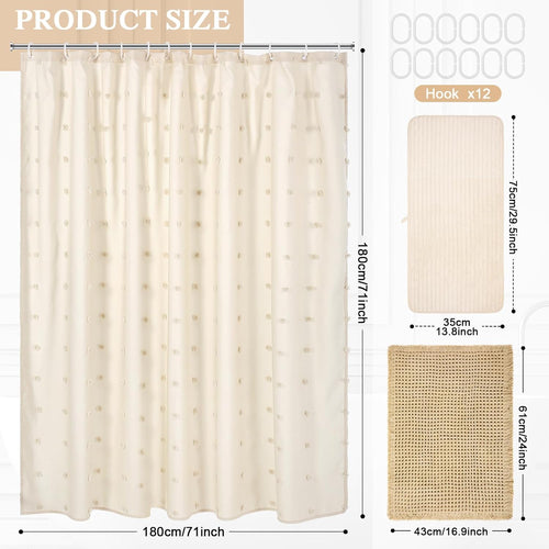 Boho Farmhouse Shower Curtain Set 3-Piece, Waffle Bath Mat and Towel, Waterproof with 12 Hooks