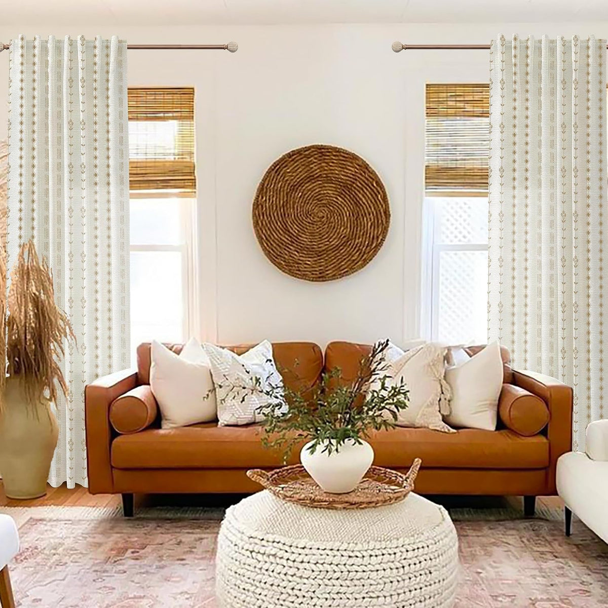 Brown Boho Floral Linen Curtains, Sheer Farmhouse Window Drapes, Set of 2 Panels 50X84