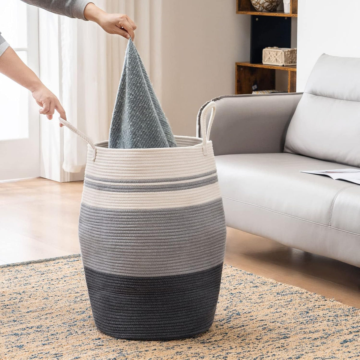 Woven Cotton Rope Laundry Hamper, Collapsible Storage Basket for Bedroom, Nursery, Laundry Room, 105L