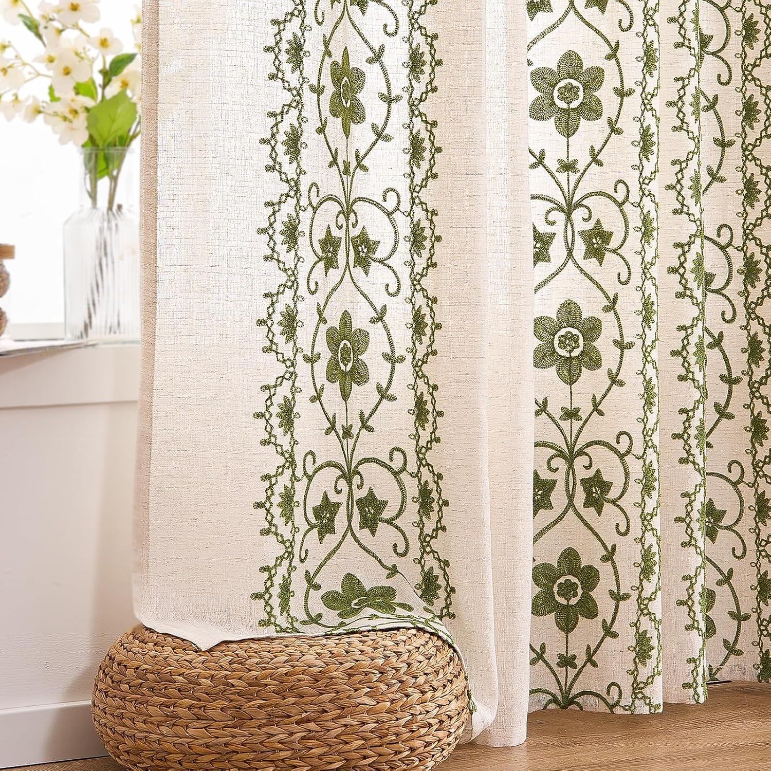 Sage Green Boho Curtains, Vintage Floral Embroidered Linen Drapes, Set of 2 Panels 52X84