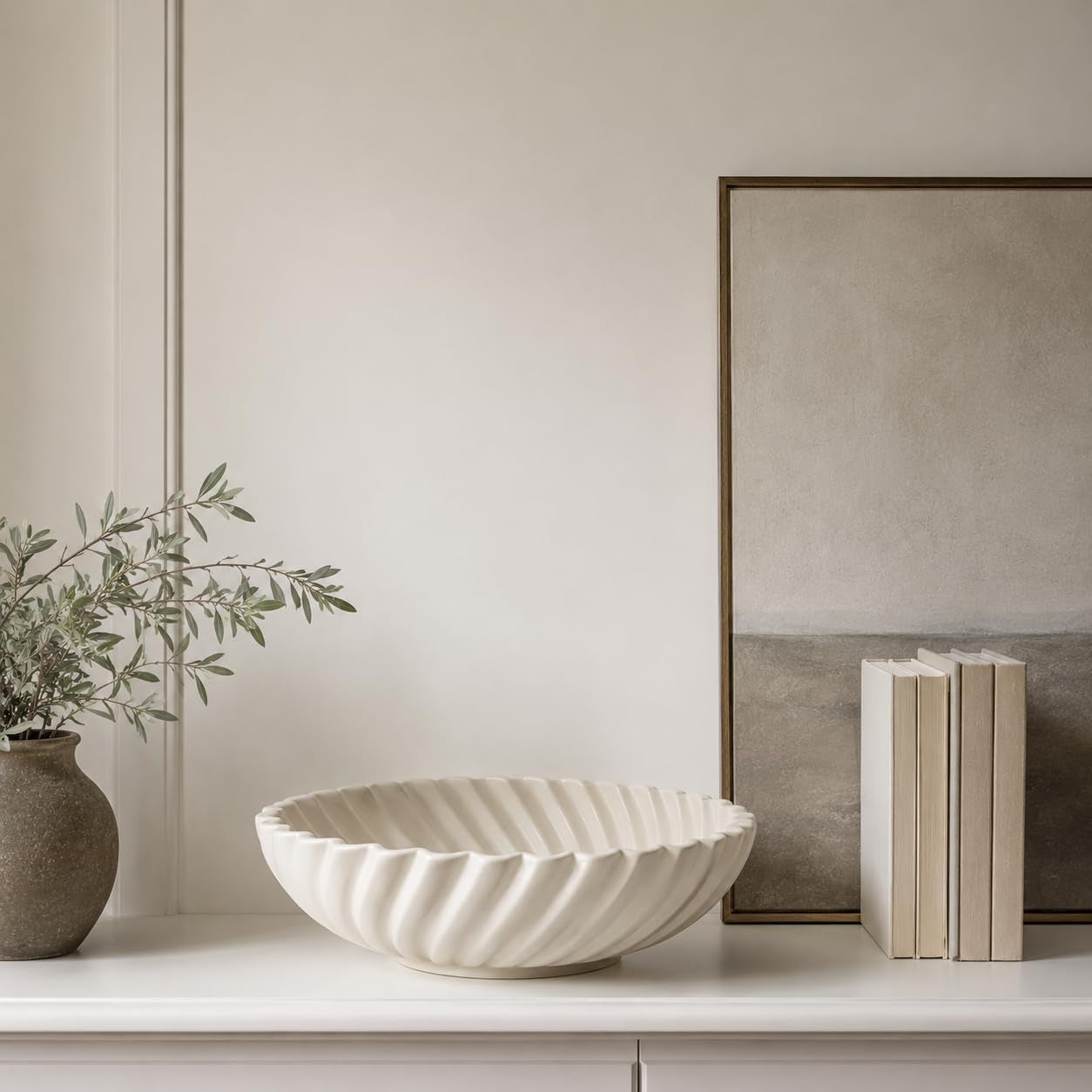 White Ceramic Decorative Bowl, 10 Inch Modern Fruit Bowl for Kitchen Counter, Entryway Key Bowl