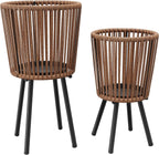 Set of 2 Rattan Plant Stands, Boho Handwoven Wicker Plant Holders with Metal Frame