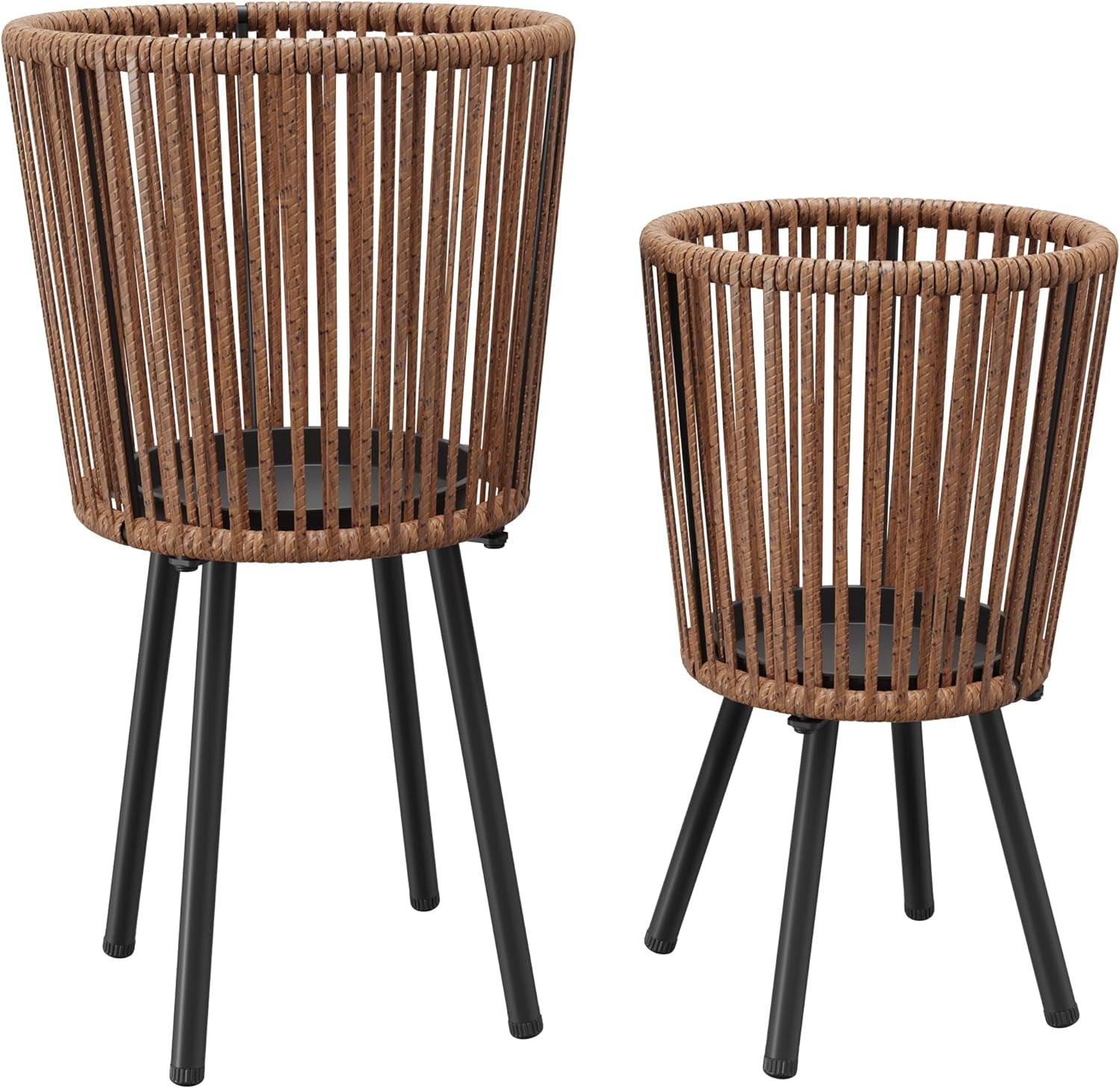 Set of 2 Rattan Plant Stands, Boho Handwoven Wicker Plant Holders with Metal Frame
