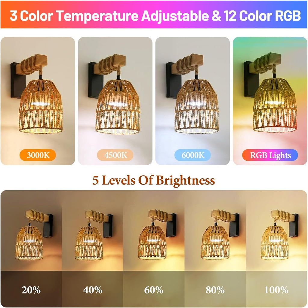 Boho Rattan Battery Operated Wall Sconces, Cordless Wireless Wall Lights with Remote, Set of 2