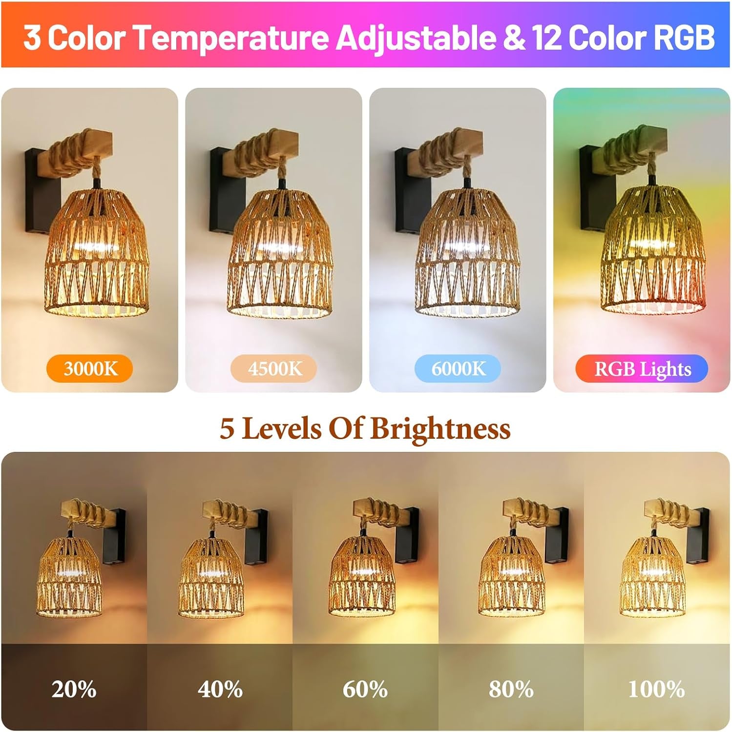 Boho Rattan Battery Operated Wall Sconces, Cordless Wireless Wall Lights with Remote, Set of 2