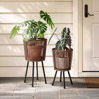 Set of 2 Rattan Plant Stands, Boho Handwoven Wicker Plant Holders with Metal Frame