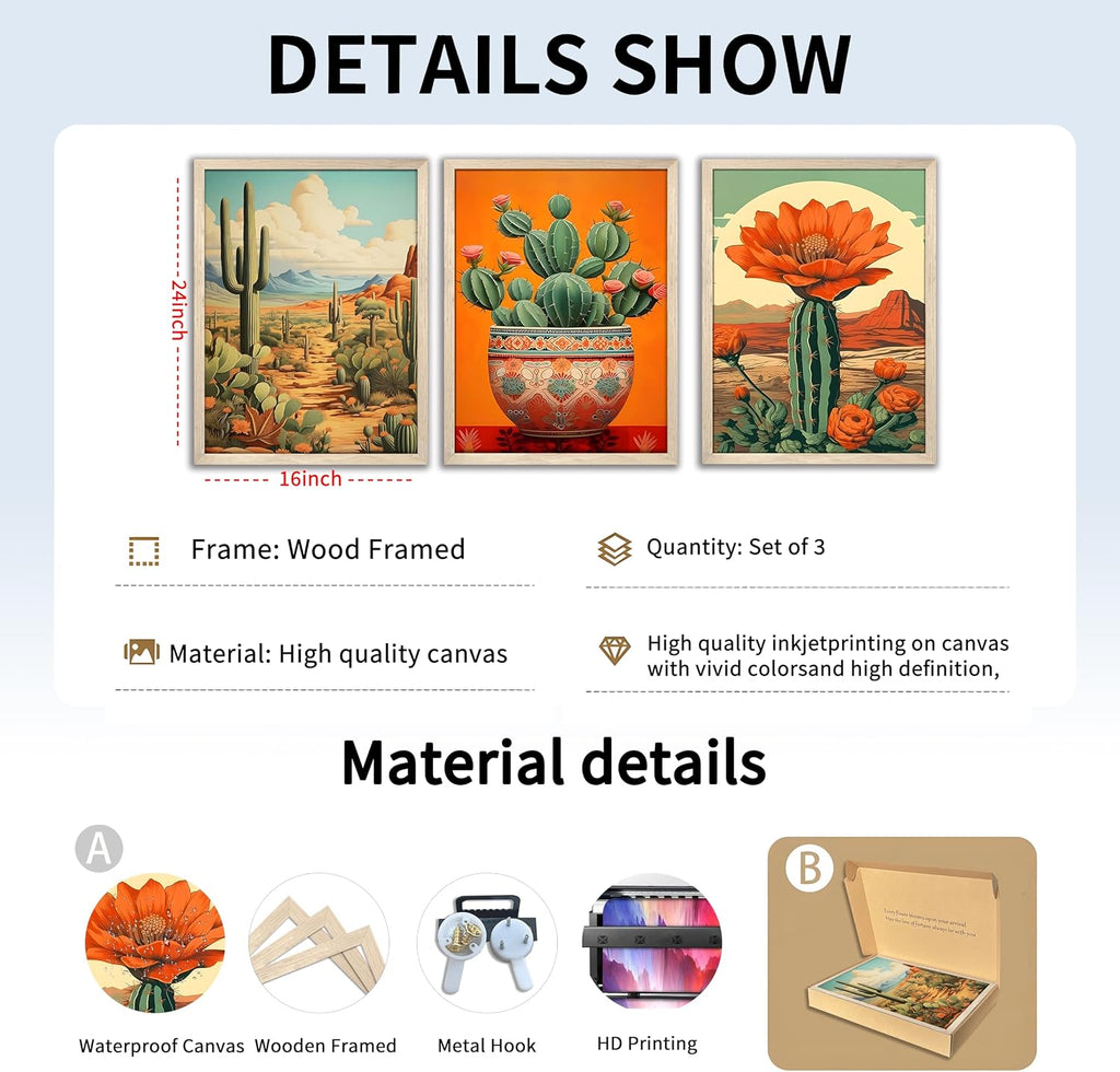Wood Framed Mexican Cactus Wall Art Set of 3, Vintage Desert Botanical Canvas Prints, Boho Southwestern