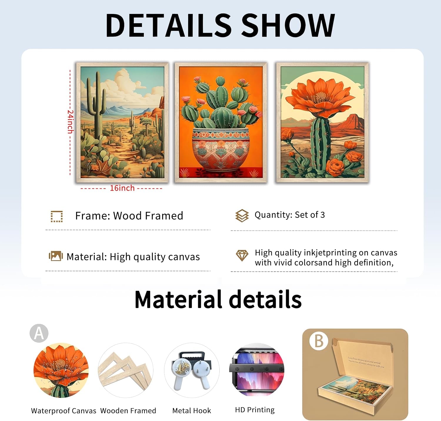 Wood Framed Mexican Cactus Wall Art Set of 3, Vintage Desert Botanical Canvas Prints, Boho Southwestern