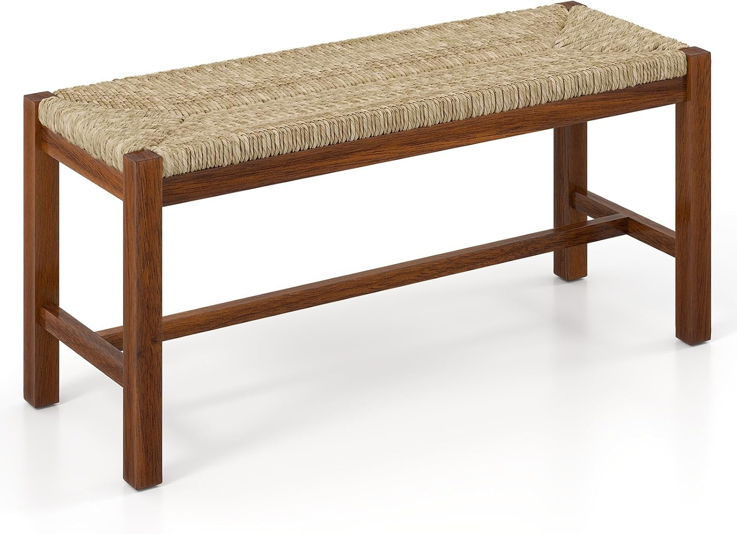 Woven Seagrass Dining Bench, Farmhouse Entryway Bench with Rubber Wood Legs, 40 Inch