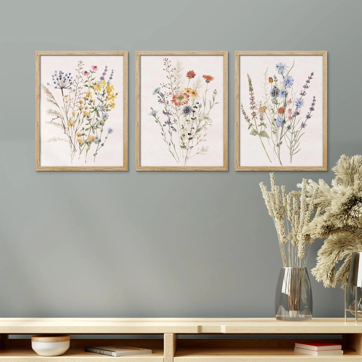 Framed Canvas Wall Art Set of 3, Watercolor Wildflower Botanical Prints for Living Room, Bedroom, Farmhouse Decor, Natural