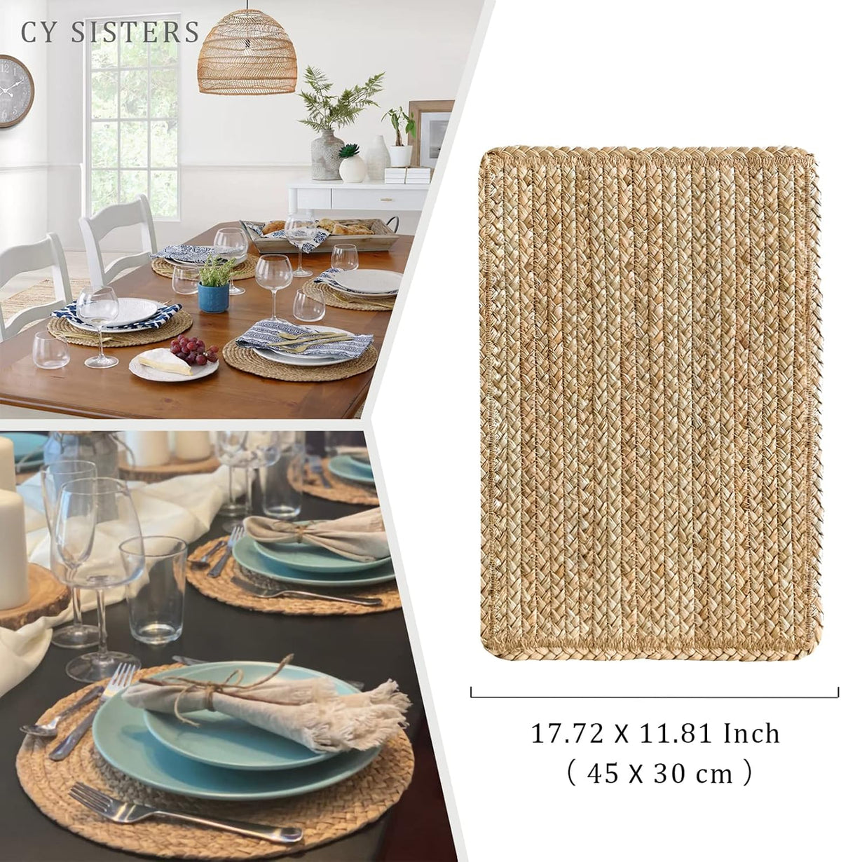 Woven Water Hyacinth Placemats Set of 6, Boho Farmhouse Rattan Table Mats