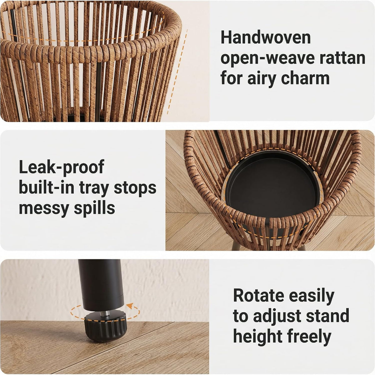 Set of 2 Rattan Plant Stands, Boho Handwoven Wicker Plant Holders with Metal Frame