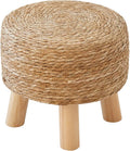 Round Seagrass Footstool, Natural Woven Ottoman with Wood Legs, Multifunctional Accent Stool