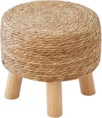 Round Seagrass Footstool, Natural Woven Ottoman with Wood Legs, Multifunctional Accent Stool