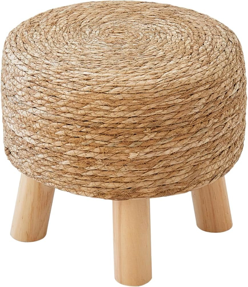 Round Seagrass Footstool, Natural Woven Ottoman with Wood Legs, Multifunctional Accent Stool