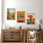 Wood Framed Mexican Cactus Wall Art Set of 3, Vintage Desert Botanical Canvas Prints, Boho Southwestern