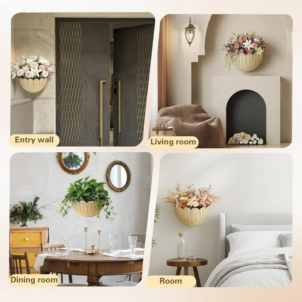 Scalloped Woven Rattan Wall Basket Set of 2, Boho Wall Storage for Bathroom, Bedroom, Entryway