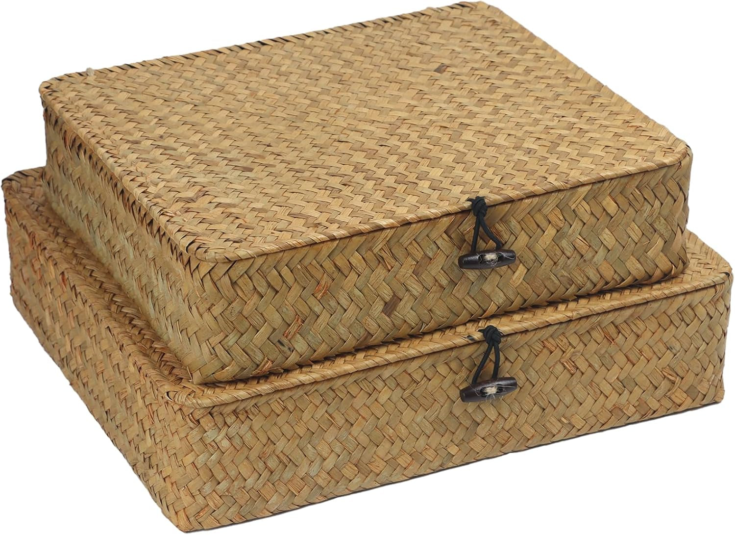 Woven Seagrass Storage Basket Set with Lid, Decorative Wicker Baskets for Home Organization, Set of 2