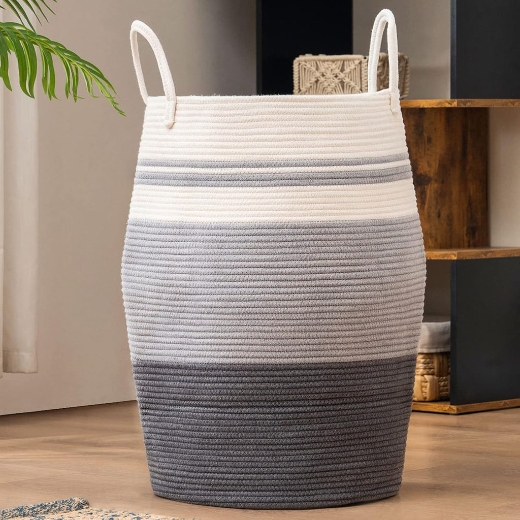 Woven Cotton Rope Laundry Hamper, Collapsible Storage Basket for Bedroom, Nursery, Laundry Room, 105L