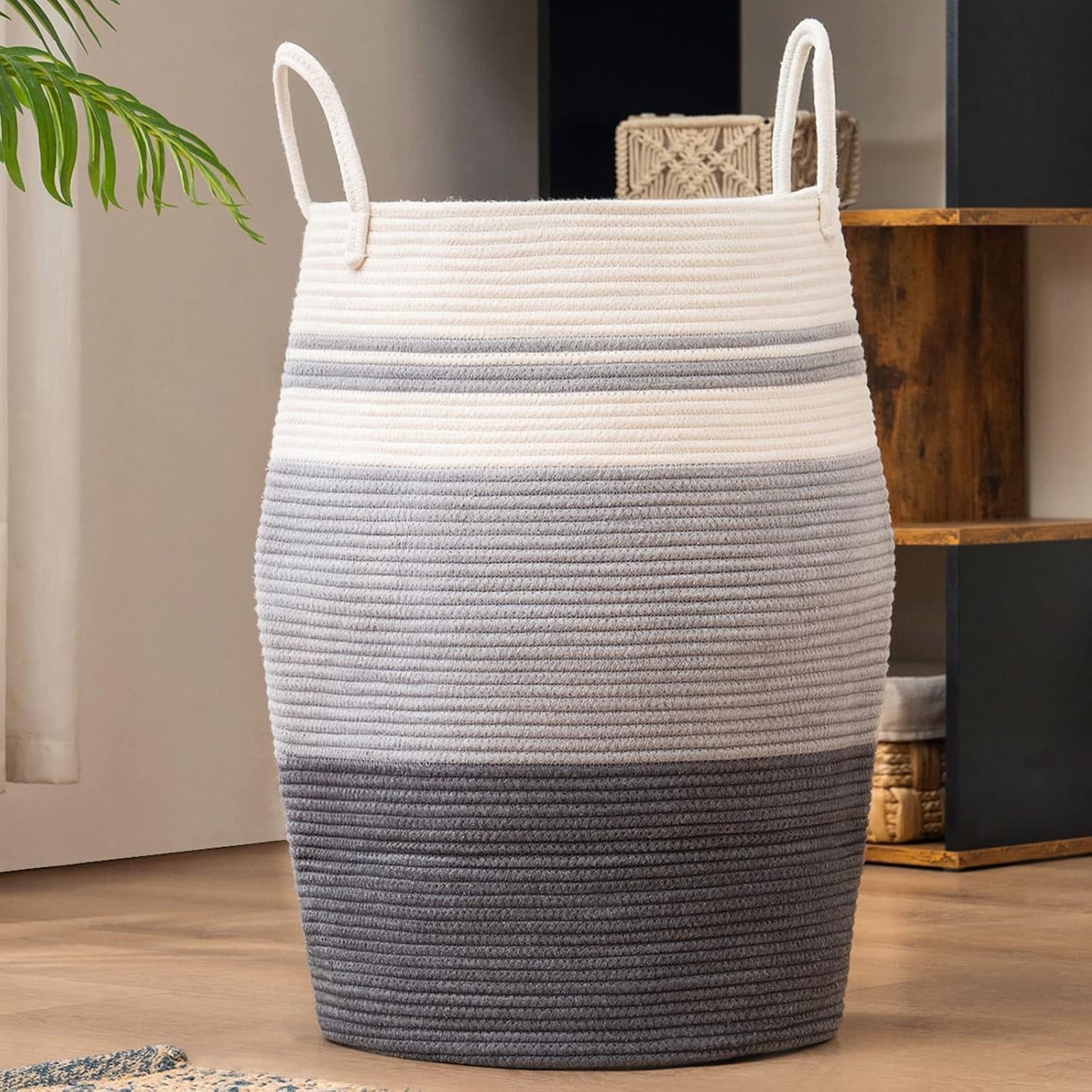 Woven Cotton Rope Laundry Hamper, Collapsible Storage Basket for Bedroom, Nursery, Laundry Room, 105L