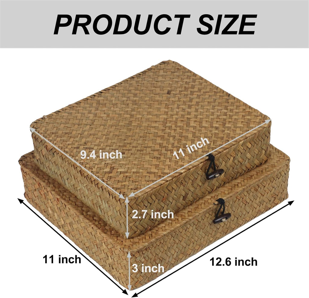 Woven Seagrass Storage Basket Set with Lid, Decorative Wicker Baskets for Home Organization, Set of 2
