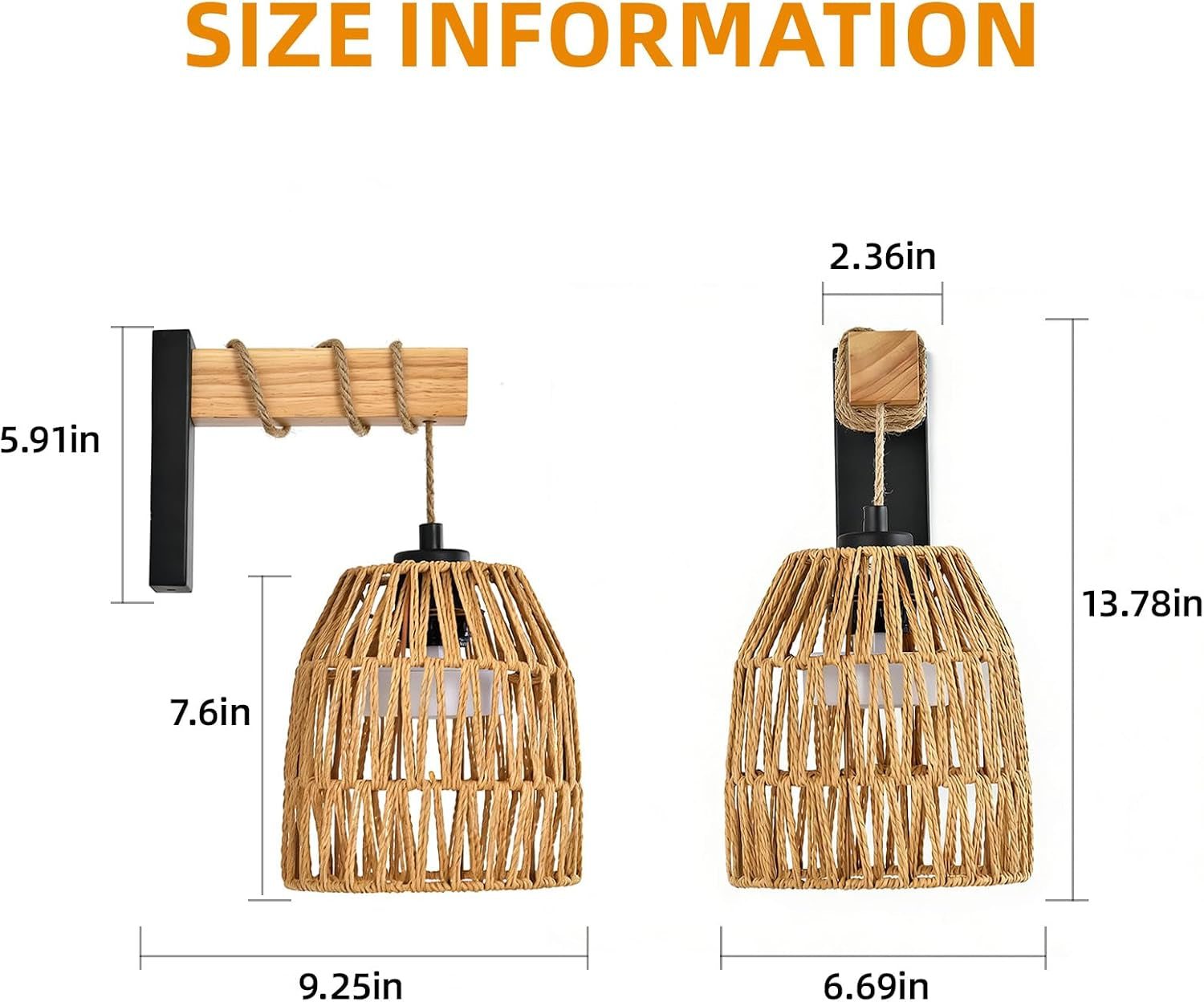 Boho Rattan Battery Operated Wall Sconces, Cordless Wireless Wall Lights with Remote, Set of 2