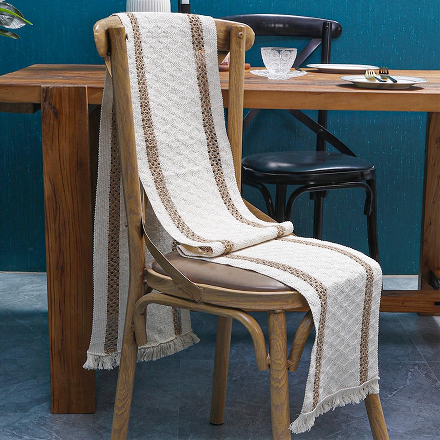 Boho Macrame Table Runner, Cotton Linen Woven Farmhouse Table Decor, 12X90 Inches