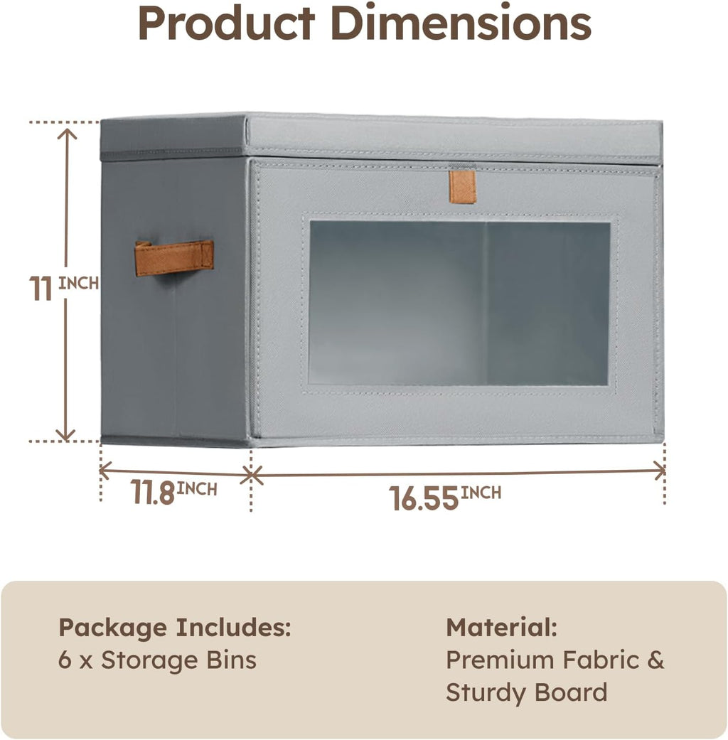 Fabric Storage Bins with Lids, Collapsible Closet Organizer with Window & Handles, Stackable, Set of 6