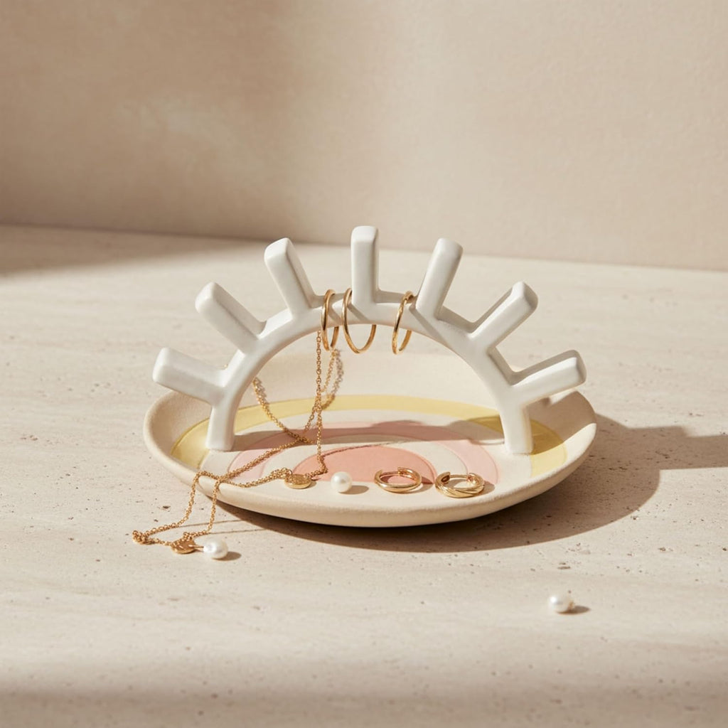 Boho Ceramic Trinket Tray with Ring Holder, Sunburst Jewelry Dish for Vanity, Nightstand