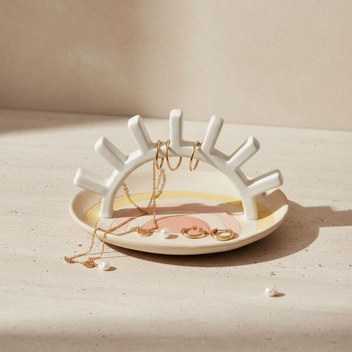 Boho Ceramic Trinket Tray with Ring Holder, Sunburst Jewelry Dish for Vanity, Nightstand