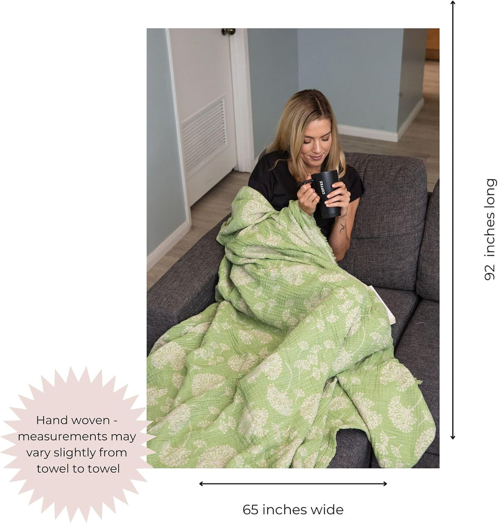 Turkish Cotton Muslin Throw Blanket, Reversible Dandelion Pattern, Oversized 92X65