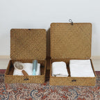 Woven Seagrass Storage Basket Set with Lid, Decorative Wicker Baskets for Home Organization, Set of 2