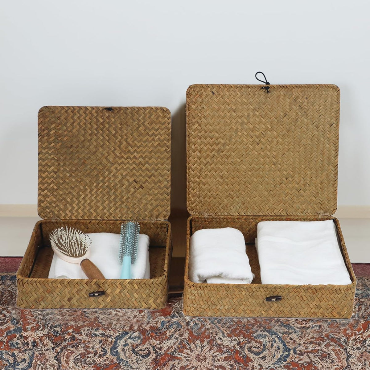 Woven Seagrass Storage Basket Set with Lid, Decorative Wicker Baskets for Home Organization, Set of 2