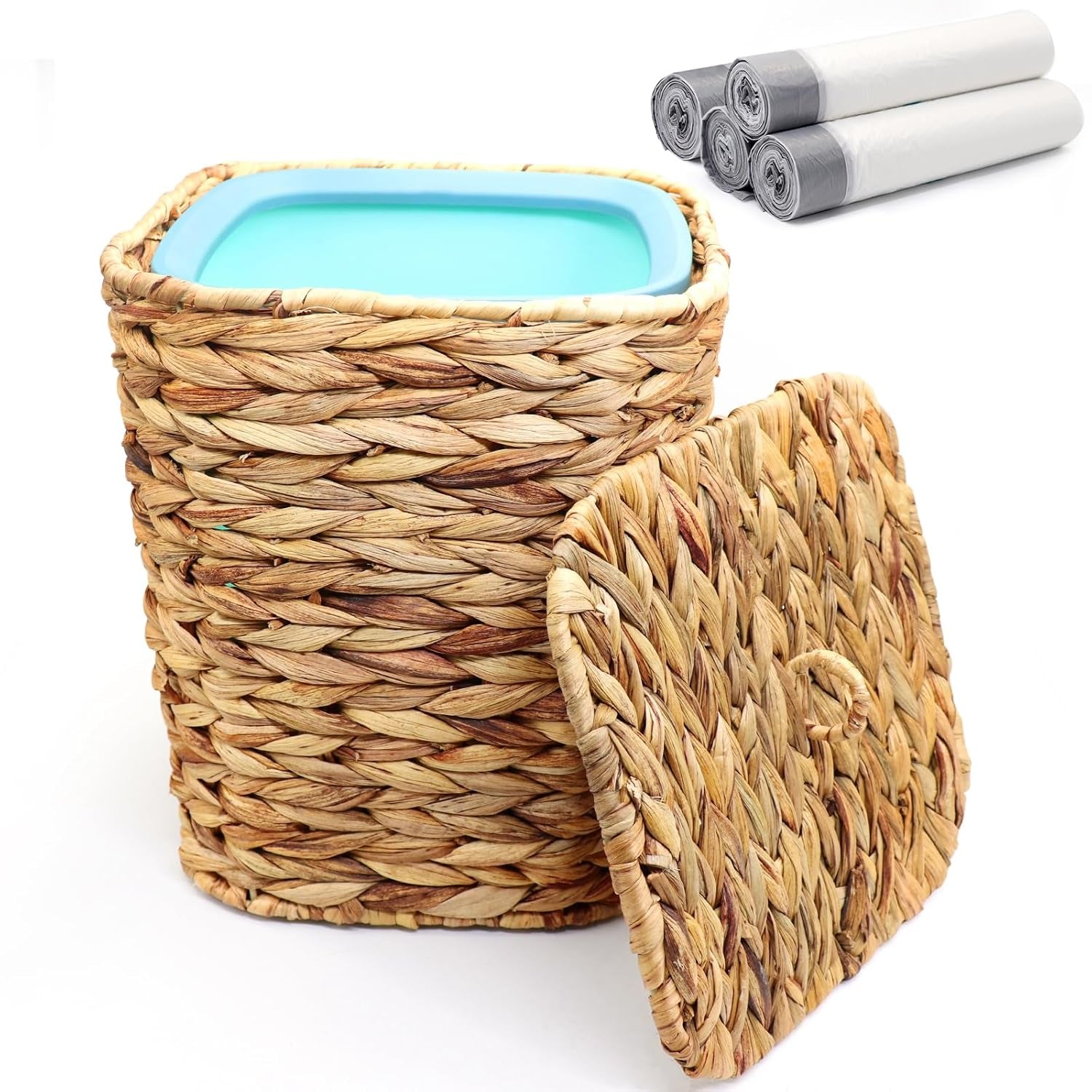 Woven Wicker Trash Can with Lid, Handwoven Boho Wastebasket for Bedroom, Bathroom, Office