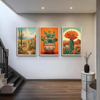 Wood Framed Mexican Cactus Wall Art Set of 3, Vintage Desert Botanical Canvas Prints, Boho Southwestern