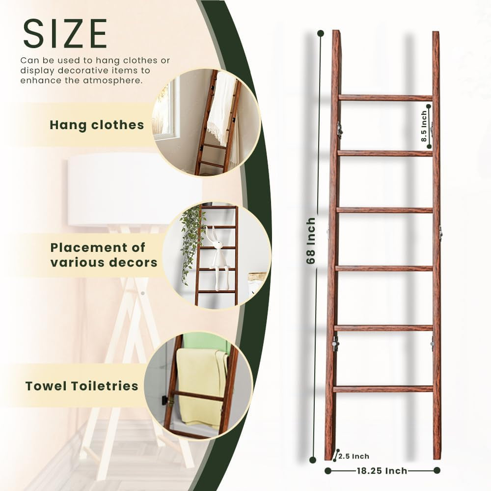 Wooden Blanket Ladder 6-Tier, Rustic Farmhouse Quilt Rack, 68 Inch Tall Decorative Blanket Holder