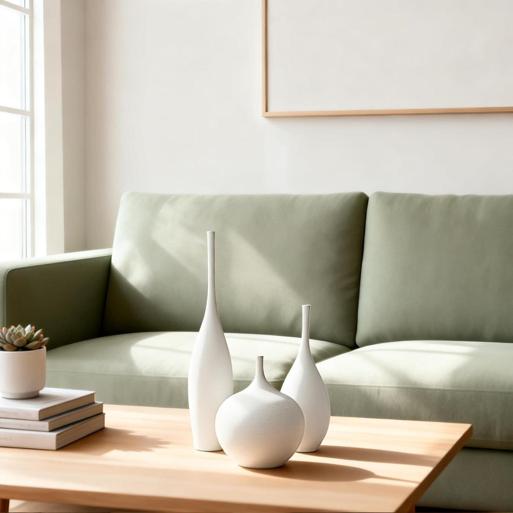 White Ceramic Vase Set of 3, Boho Wabi-Sabi Minimalist Vases for Living Room, Shelf, Centerpiece