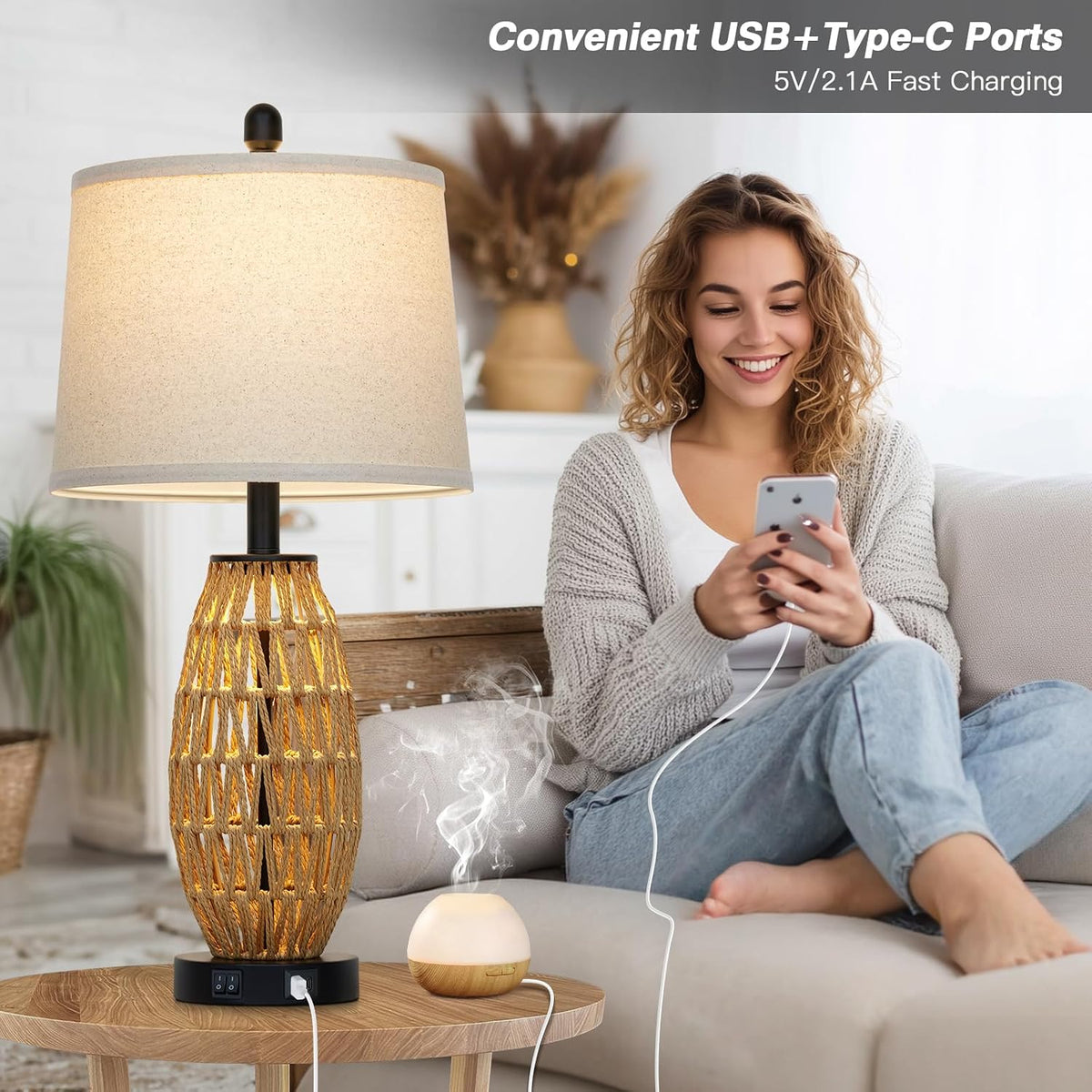 Boho Rattan Table Lamp with Night Light, Woven Wicker Bedside Lamp with USB Charging Ports
