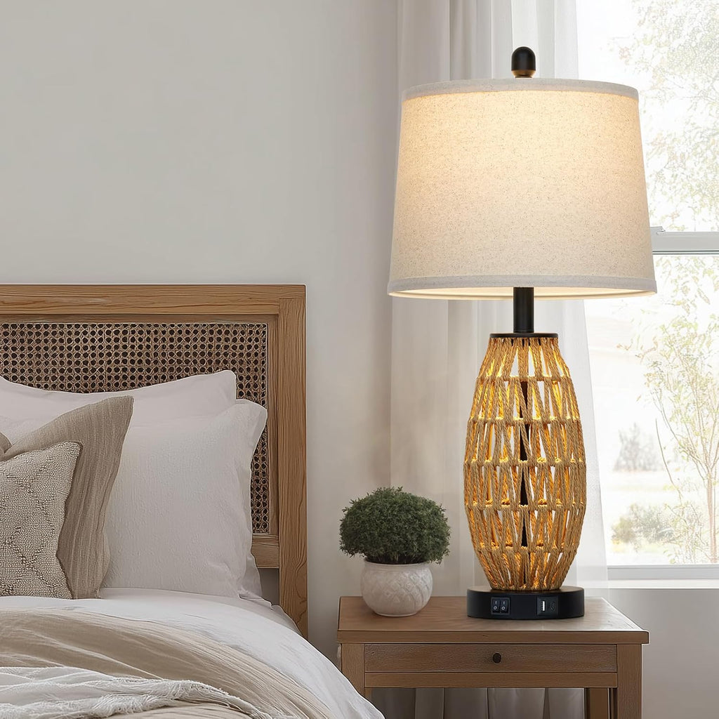Boho Rattan Table Lamp with Night Light, Woven Wicker Bedside Lamp with USB Charging Ports