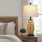 Boho Rattan Table Lamp with Night Light, Woven Wicker Bedside Lamp with USB Charging Ports