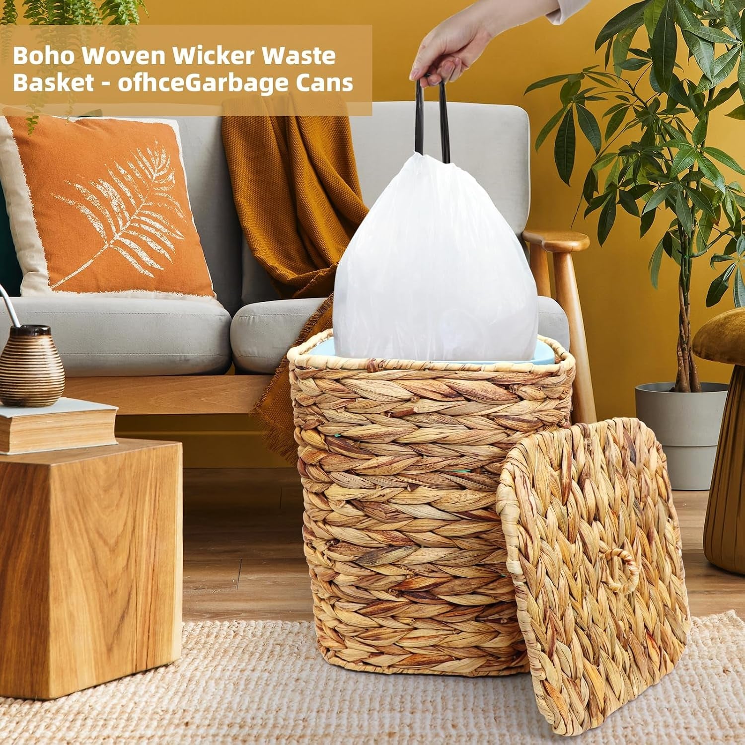 Woven Wicker Trash Can with Lid, Handwoven Boho Wastebasket for Bedroom, Bathroom, Office
