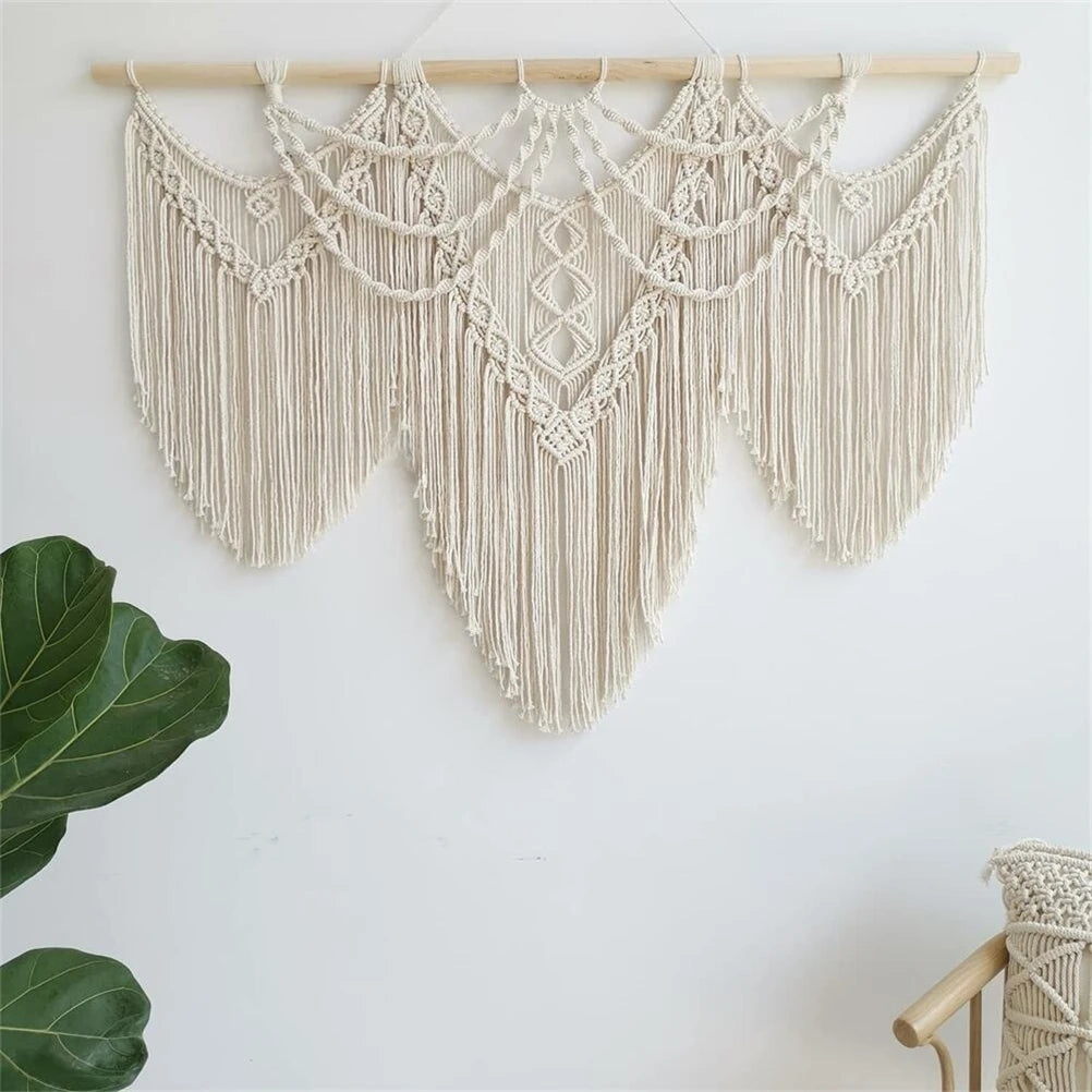 Handwoven Large Boho Macrame Wall Hanging Tapestry, Cotton Wall Art with Wooden Rod for Living Room, Bedroom, Wedding Backdrop, Beige