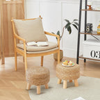 Round Seagrass Footstool, Natural Woven Ottoman with Wood Legs, Multifunctional Accent Stool