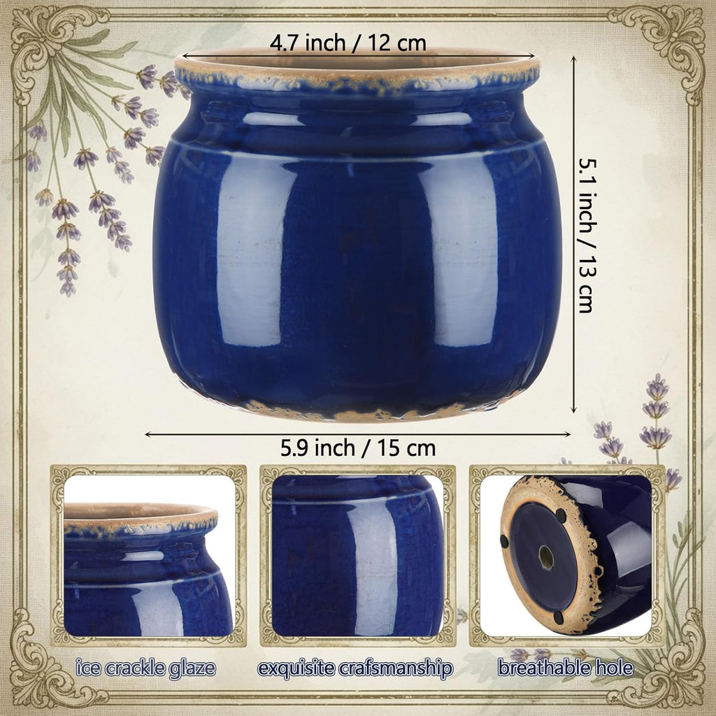 Vintage Ceramic Planter, Navy Blue Ice Crack Glazed Flower Pot, Farmhouse Cottage Decor